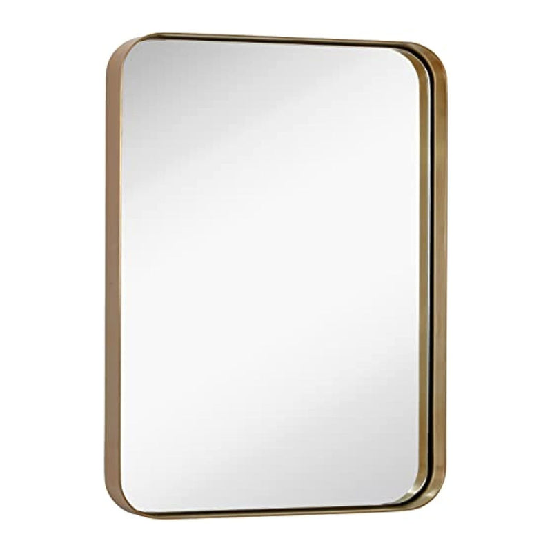 Contemporary Brushed Metal Wall Mirror | Glass Panel Gold Framed Rounded Corner Deep Set Design (16" x 24")