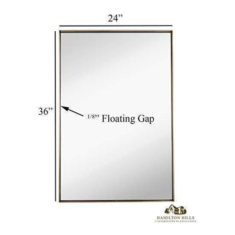 Contemporary Brushed Metal Wall Mirror | Glass Panel Gold Framed Squared Corner Deep Set Design (24" x 36")