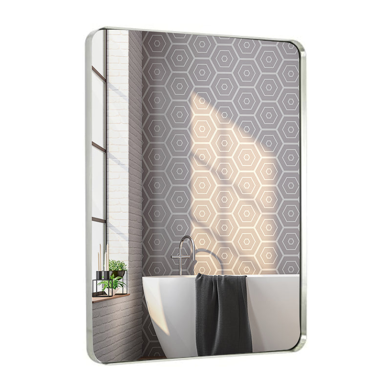 Contemporary Brushed Metal Wall Mirror | Glass Panel Silver Framed Rounded Corner Deep Set Design (30" x 40")