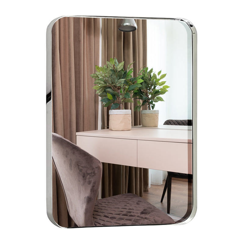 Contemporary Polished Metal Wall Mirror | Glass Panel Silver Framed (24" x 36")